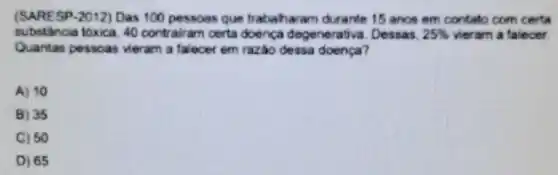 (SARESP-2012) Das 100 pessoas que trabaharam durante 15 anos em contato com certa
substancia tóxica. 40 contrairam certa doenca degenerativa. Dessas, 25%  vieram a falecer.
Quantas pessoas veram a falecer em razao dessa doença?
A) 10
B) 35
C) 50
D) 65