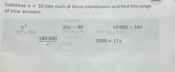 Substitue x=30 into each of these expressions and find the range
of your answers.
x^2
25x-80
10000-14x
2500+17x
(180000)/(x)