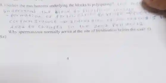 0. Explain the mechanisms underlying the blocks to poly polyspermy?
Why spermatozoa normally arrive at the site of fer
tion before the ove? (1 fertilization
ks)