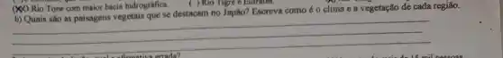 ())0 Rio Tone com maior bacis hidrográfica.
( ) Rio Tigre e Eurrates.
b) Quais são as paisagens vegetais que se destacam no Japão? Escreva como éo clima e a vegetação de cada região.
__
