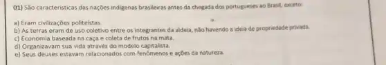 01) São caracteristicas das nações indigenas brasileiras antes da chegada dos portugueses ao Brasil, exceto:
a) Eram civilizações politeístas.
b) As terras eram de uso coletivo entre os integrantes da aldeia não havendo a ideia de propriedade privada.
c) Economia baseada na caça e coleta de frutos na mata.
d) Organizavam sua vida através do modelo capitalista.
e) Seus deuses estavam relacionados com fenômenos e ações da natureza.