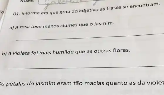 01. Informe em que grau do adjetivo as frases se encontram.
a) A rosa teve menos ciúmes que o jasmim.
b) A violeta foi mais humilde que as outras flores.
__
As pétalas do jasmim eram tão macias quanto as da violet