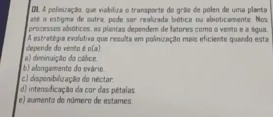 01. A polinização. que viabiliza o transporte do grão de pólen de uma planta
laté o estigma de outra. pode ser realizada biótica ou abioticamente. Nos
processos abióticos, as plantas dependem de fatores como o vento e a água
A estratégia evolutiva que resulta em polinização mais eficiente quando esta
depende do vento é 0(a)
a) diminuição do cálice.
b) alongamento do ovário.
c) disponibilização do néctar.
d) intensificação da cor das pétalas.
e) aumento do número de estames.