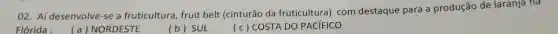 02. Aí desenvolve -se a fruticultura , fruit belt (cinturão da fruticultura)com destaque para a produção de laranja na
Flórida :
(a)NORDESTE
(b) SUL
(c ) COSTA DO PACIFICO