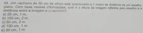 04. Um cachorro de 50 cm de altura está posicionado a 1 metro de distância de um espelho
plano.Com base nessas informações qual é a altura da imagem refletida pelo espelho e a
distância entre a imagem e o cachorro?
a) 25 cm, 1 m.
b) 100 cm, 2 m.
c) 50 cm, 2 m.
d) 100 cm, 1 m.
e) 50 cm . 1 m