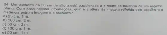 04 . Um cachorro de 50 cm de altura está posicionado a1 metro de distância de um espelho
plano . Com base nessas informações , qual é a altura da imagem refletida pelo espelho e a
distância entre a imagem eo cachorro?
a) 25 cm,1 m.
b) 100 cm,2 m
c) 50 cm, 2 m.
d) 100 cm,1 m.
e) 50 cm,1 m