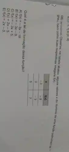 08) (M101221H6) Observe, na tabela abaixo, alguns valores x do dominio de uma funçăo polinomial f de 1^circ grau, bem como suas respectivas imagens f(x) .

 x & f(x) 
-3 & -9 
 0 & -3 
 5 & 7 


Qual é a lei de formação dessa função?
A) f(x)=-3 x-18 
B) f(x)=-3 x-9 .
C) f(x)=-3 x+5 .
D) f(x)=2 x-5 .
E) f(x)=2 x-3 .