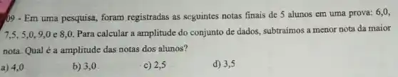 09 - Em uma pesquisa, foram registradas as seguintes notas finais de 5 alunos em uma prova:
6,0,
7.5.5.09.0e80. Para calcular a amplitude do conjunto de dados, subtraímos a menor nota da maior
nota. Qual é a amplitude das notas dos alunos?
a) 4,0
b) 3,0
c) 2.5
d) 3,5