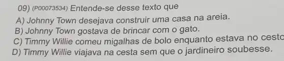 09) (P00073534)Entende-se desse texto que
A) Johnny Town desejava construir uma casa na areia.
B) Johnny Town gostava de brincar com o gato.
C) Timmy Willie comeu migalhas de bolo enquanto estava no cesto
D) Timmy Willie viajava na cesta sem que o jardineiro soubesse.