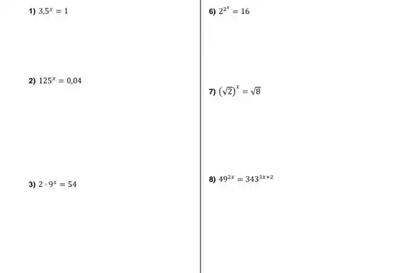 1) 3,5^x=1
2) 125^x=0,04
3) 2cdot 9^x=54
6) 2^2^(x)=16
7) (sqrt (2))^x=sqrt (8)
3) 49^2x=343^3x+2