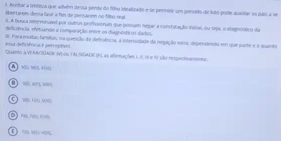 1. Aceitar a tristeza que advém dessa perda do filho idealizado e se permitir um periodo de luto pode auxiliar os pais a se
libertarem dessa fase a fim de pensarem no filho real.
II. A busca interminável por outros profissionais que possam negar a constatação inicial, ou seja, o diagnóstico da
deficiência, efetuando a comparação entre os diagnósticos dados.
III. Para muitas familias na questão da deficiência a intensidade da negação varia, dependendo em que parte e o quanto
essa deficiencia é perceptivel.
Quanto à VERACIDADE (V)
OU FALSIDADE (F), as afirmações I, II, III e IV são respectivamente:
A V(1),V(II),F(III).
B V(I),V(II),V(III).
C V(I),F(II),V(III).
D F(1),F(11),F(111).
E F(1),V(II),V(III).