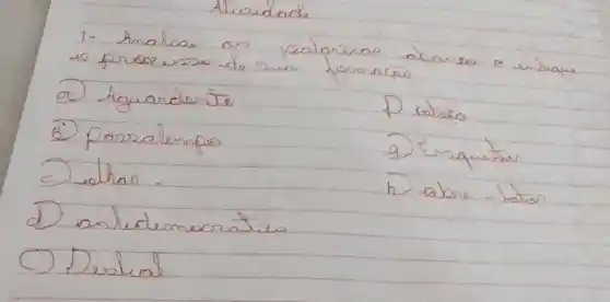 1- Analise as palprinos abouso e undone
a) Aguardente
B) Porsalempos
C) eathar.
D) anledemocraties
D) Deskol
P sabaro
g) Esquetar
h) shere - Jotios