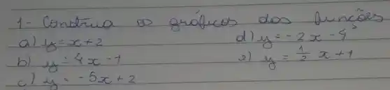 1- Construa os gráficos dos funcôes
a) y=x+2 
d) y=-2 x-4 
b) y=4 x-1 
e) y=(1)/(2) x+1 
c) y=-5 x+2