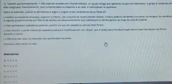 1) Existem aproximadamente, 1.200 espécies viventes em Chondrichthyes, um grupo antigo que apareceu no período Devoniano. O grupo é composto por
dois subgrupos que compreendem os tubaróes e as raias e Holocephali, as quimeras.
Sobre os tubarôes, analise as afirmativas a seguir e julgue se são verdadeiras (V) ou falsas (F):
( ) Ambos os maxilares (maxilas), superior e inferior são providas de muitos dentes afiados. A fileira anterior de dentes funcionais na margem da mandibul
é seguida posteriormente por fileiras de dentes em desenvolvimento que substituem os dentes gastos ao longo da vida do tubaráo.
( ) Não apresentam nadadeiras peitorais, porém um par de nadadeiras dorsais bem fortes.
( ) Nos machos, a parte medial da nadadeira pélvica é modificada em um clásper, que é usado para introduzir esperma no trato reprodutivo da fêmea
durante a cópula.
( ) Diferente das raias os tubarōes não apresentam escamas.
Assinale a alternativa correta:
Alternativas:
a) V-V.F.V.
b) F-V-V.F.
c) V-F-V.F.
d) V-V-F-F.
e) F.F.V.F.