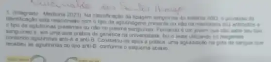 1. (integrado-Medicina 2023) Na classificação da tipagem sanguinea do sistema ABO. o processo de
identificação esta relacionatio com o lipo de aglutinogeno presente ou nào na membrana dos entrocitos o
tipo de aglutininas ou nào no plasma Femando é um jovem que nào sabe smu tipo
sanguineo e. em uma aula prática de genética na universidade, fez o teste utilizando or reagentes
contendo aglutininas anti-A e anti-B Constatou-se apos a prática, uma agiutinação na gota de sangue que
recebeu as aglutininas do tipo anti-B, conforme o esquema abaixo