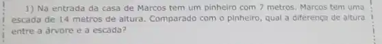 1) Na entrada da casa de Marcos tem um pinheiro com 7 metros. Marcos tem uma
escada de 14 metros de altura. Comparado com o pinheiro, qual a diferença de altura
entre a árvore e a escada?