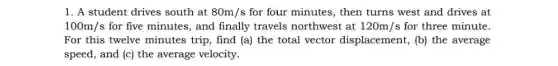 1. A student drives south at 80m/s for four minutes, then turns west and drives at
100m/s for five minutes, and finally travels northwest at 120m/s for three minute.
For this twelve minutes trip, find (a)the total vector displacement, (b) the average
speed, and (c) the average velocity.