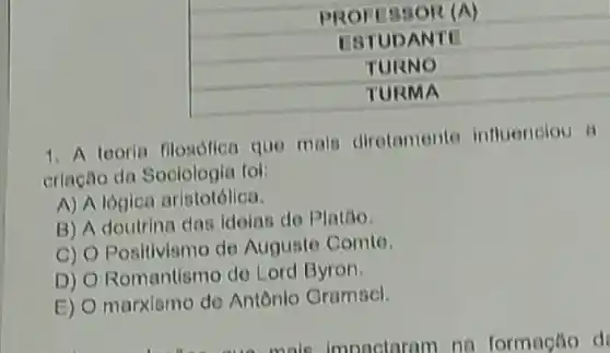 1. A toorla filosofica que mais diretamente influenciou B
criação da Sociologie tol:
A) Alogica aristotólica.
B) A doutrina das Idoias de Platǎo.
C) O Positivismo do Augusto Comte
D) Romantismo do Lord Byron
E) marxismo do Antônlo Cramsel.