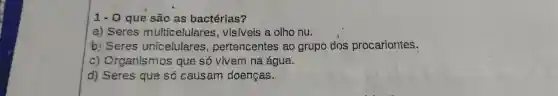 1-0 que são as bactérias?
a)Seres multicelulares , visíveis a olho nu.
t ) Seres unicelulares , pertencentes ao grupo dos procariontes.
C)Organismos que só vivem na água.
d)Seres que só causam doenças.