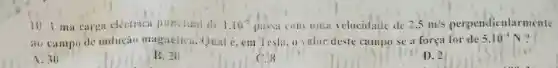 10. Uma carga electrica punctual de 1.10^-5 passa com unia velocidade de 2,5m/s perpendicularmente
ao campo de indução magnetica Qual é, em Testa, o valor deste campo se a força for de
5.10^-4N ?
A. 30
B. 20
C. 8
D. 2