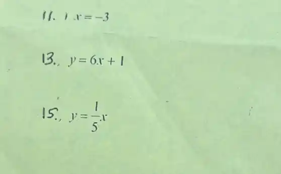 11. 1x=-3
13. y=6x+1
15. y=(1)/(5)x