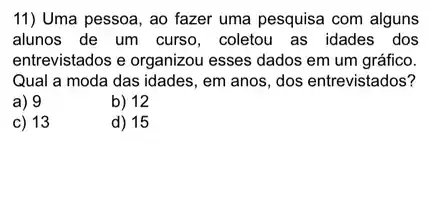 11) Uma pessoa, ao fazer uma pesquisa com alguns
alunos de um curso , coletou as idades dos
entrevistados e organizou esses dados em um gráfico.
Qual a moda das idades, em anos, dos entrevistados?
a) 9
b) 12
c) 13
d) 15