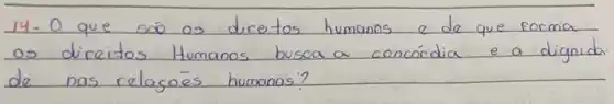 14. O que só os direitos humanos e de que forma os direitos Humanos busca a concórdia e a dignido de nas relagōes humanas?