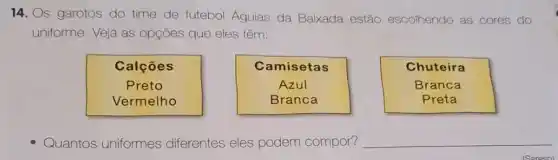 14. Os garotos do time de futebol Aguias da Baixada estão escolhendo do as cores do
uniforme. Veja as opções que eles têm:
Calções
Preto
Vermelho
Camisetas
Azul
Branca
Chuteira
Branca
Preta
Quantos uniformes diferentes eles podem compor? __