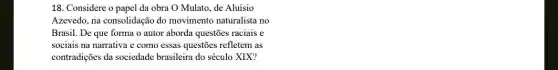 18. Considere o papel da obra O Mulato de Aluísio
Azevedo, na consolidação do movimento naturalista no
Brasil. De que forma o autor aborda questões raciais e
sociais na narrativa e como essas questōes refletem as
contradições da sociedade brasileira do século XIX?