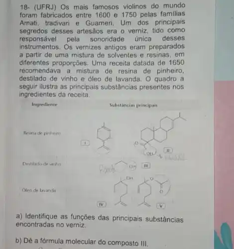 18- (UFRJ) Os mais famosos violinos do mundo
foram fabricados entre 1600 e 1750 pelas familias
Amati, tradivari e Guarneri. Um dos principais
segredos desses artesãos era o verniz, tido como
responsável pela sonoridade única desses
instrumentos. Os vernizes antigos eram preparados
a partir de uma mistura de solventes e resinas, em
diferentes proporções. Uma receita datada de 1650
recomendava a mistura de resina de pinheiro,
destilado de vinho e óleo de lavanda. 0 quadro a
seguir ilustra as principais substâncias presentes nos
ingredientes da receita.
Ingrediente
a) Identifique as funções das principais substâncias
b) Dê a fórmula molecular do composto 111