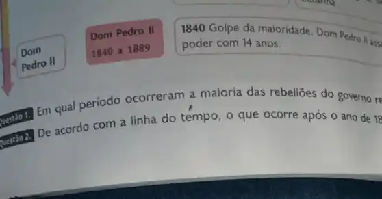 1840 Golpe da maioridade. Dom Pedro II ass
poder com 14 anos.
costão 1.
Em qual período ocorreram a maioria das rebeliōes do governo re
De acordo com a linha do tempo, o que ocorre após o ano de 18