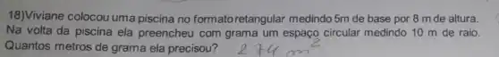 18)Viviane colocou uma piscina no formatoretangular medindo 5m de base por 8 m de altura.
Na volta da piscina ela preencheu com grama um espaço circular medindo 10 m de raio.
Quantos metros de grama ela precisou?