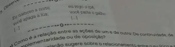 1.
namoro a note
eu rego o ipê,
você apaga a lua:
você parte o galho
[...]
ão entre as ações de um e de outro: De co
continuidade, de
mo é antaridade ou de oposição?