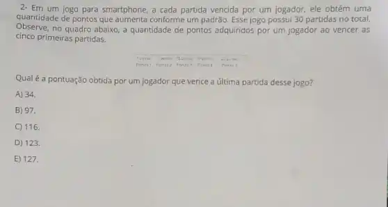 2- Em um jogo para smartphone, a cada partida vencida por um jogador, ele obtém uma
quantidade de pontos que aumenta conforme um padrão. Esse jogo possui 30 partidas no total.
Observe, no quadro abaixo, a quantidade de pontos adquiridos por um jogador ao vencer as
cinco primeiras partidas.
Qual é a pontuação obtida por um jogador que vence a última partida desse jogo?
A) 34.
B) 97.
C) 116.
D) 123.
E) 127.