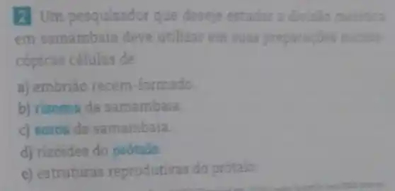 2 Um pesquisador que deseje estudar a divisio melotica
em samambaia deve utilizar em suas preparaçdes micros
cópicas células de
a) embrião recém -formado.
b) rizoma da samambaia
c) soros da samambaia.
d) rizóides do prótalo.
e) estruturas reprodutivas do prótalo.