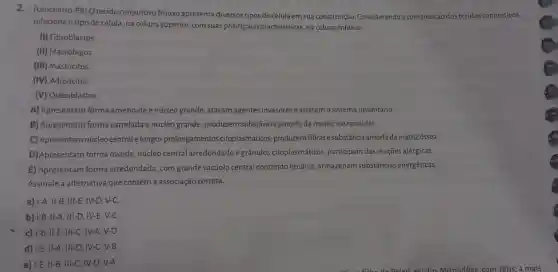 2. (Unicentro-PR) O tecido conjuntivo frouxo apresenta diversos tipos de célula em sua constituição Considerando a constituição dos tecidos conjuntivos,
relacione o tipo de célula, na coluna superior, com suas principais características na coluna inferior.
(I) Fibroblastos
(II) Macrófagos.
(III) Mastócitos.
(IV) Adipócitos.
(V) Osteoblastos
A) Apresentam forma ameboide e núcleo grande; atacam agentes invasores e alertam o sistema imunitário.
B) Apresentam forma estrelada e núcleo grande; produzem substância amorfa da matriz extracelular.
C) Apresentam núcleo central elongos prolongamentos citoplasmáticos produzem fibrase substância amorfa da matriz óssea.
D) Apresentam forma ovoide, núcleo central arredondado e grânulos citoplasmáticos;participam das reações alérgicas.
E) Apresentam forma arredondada, com grande vacúolo central contendo lipídios;armazenam substâncias energéticas.
Assinale a alternativa que contém a associação correta.
a) 1-A, II-B, III-E . IV-D, V-C.
b) I-B, II-A, III-D , IV-E, V-C.
c) 1-B, II-E . III-C, IV-A, V-D.
d) I-E, II-A, III-D IV-C, V-B.
e) I-E, II-B , III-C, IV-D, V-A.