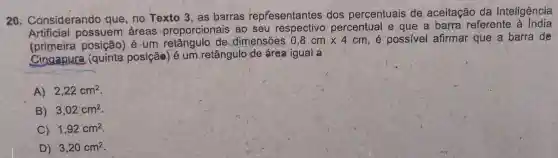 20 Considerando que, no Texto 3, as barras representantes dos percentuais de aceitação da Inteligência
Artificial possuem áreas proporcionais ao seu percentual e que a barra referente à India
posição) é um retângulo de dimensões 0,8cmtimes 4cm é possivel afirmar que a barra de
Cingapura iquinta posição) é um retângulo de área igual a
A) 2,22cm^2
B) 3,02cm^2
C) 1,92cm^2
D) 3,20cm^2