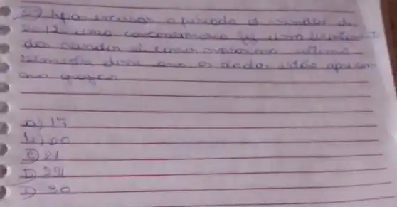 2012. uma concuramora ge uma livontcandito dos aundion el consos mavas no uthime Demestre duse como os dados intóe expreion ono goficn
a) 17
1) 00
C) 21
D) 29
3) 30