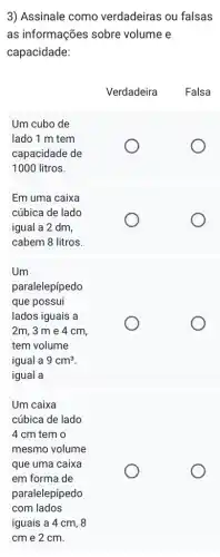 3) Assinale como verdadeiras ou falsas
as informações sobre volume e
capacidade: