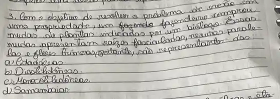 3. Com o objetivo de resolver a probloma de orosao um uma propriedade, um fazende fazendeiro romprou mudas ale plantas indicados por um bilologo. Essas mudas apresentam raizes fascialadas, neeuras paralelas e felores frúmeras, gertante), sâo representantes dos:
a) Didadócaos.
b) Diolildóneas.
c) Morocoliedóneas.
d) Samambaias.