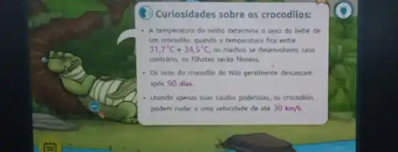 (3) Curiosidades sobre os crocodilos:
- A temperatura do ninho determina o sexo do bebê de
um crocodilo: quando a temperatura fica entre
31,7^circ C e 34,5^circ C os machos se desenvolvem;caso
contrário, os filhotes serão femeas.
Os ovos do crocodilo do Nilo geralmente descascam
após 90 dias.
Usando apenas suas caudas poderosas, os crocodilos
podem nadar a uma velocidade de até 30km/h.