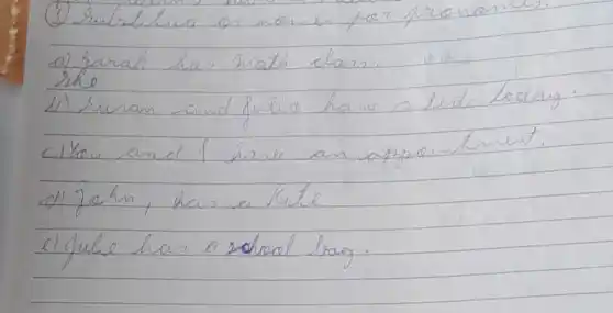 (3) Eubritua os nomes por pronomes.
a) sarah ha math dan.
she
(1) Nuran and fulio hava a lente today.
c) You and I have an appointment.
d) John, has a lite.
clfule has a robeal bag.