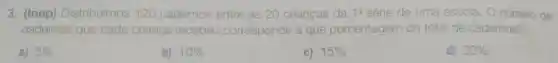 3 (Inep)Distribuímos 120 cadernos e entre as 20 crianças da 10 série de uma escola . o número de
cadernos que cada crianca recebeu corresponde a que porcentagem do total de cadernos?
a) 5% 
b) 10% 
c) 15% 
d) 20%