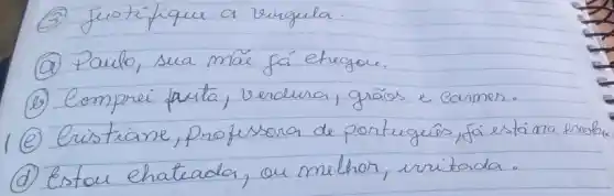 (3) Justifique a vingula.
(a) Paulo, sua mãe fá ehregoe.
(b) Comprei purta, verdura, grãos e carmes.
(e) Cristiane, professora de portegeios, fá está ma escola.
(d) Estou ehateada, ou melhor, uritada.