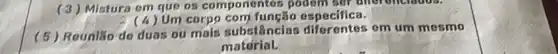 (3) Mistura em que os componentos podem sor offerenciations.
(4) Um corpo especifica.
(5)Rountifo-de duas ou mais substâncias em um mesmo
material.