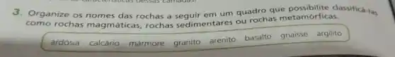 3. Organize os nomes das rochas a sequir em um quadro que classificá-las
como rochas mag máticas rochas sedimentares ou rochas metamórficas.
ardósia calcário
basalto
gnaisse argilito