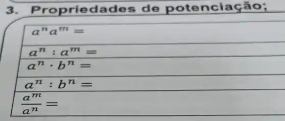 3. P dade s de p oten ciag ão:
a^na^m=
a^n:a^m=
a^ncdot b^n=
a^n:b^n=
(a^m)/(a^n)=