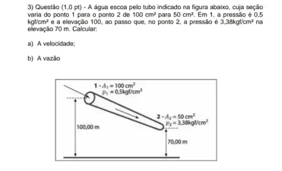 3) Questão (1,0 pt) - A água escoa pelo tubo indicado na figura abaixo, cuja seção
varia do ponto 1 para o ponto 2 de 100cm^2 para 50cm^2. Em 1, a pressão é 0,5
kgf/cm^2 e a elevação 100 , ao passo que, no ponto 2, a pressão é 3,38kgf/cm^2 na
elevação 70 m. Calcular:
a) A velocidade;
b) A vazão