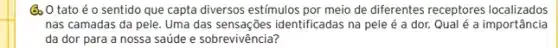 3.0 tato é o sentido que capta diversos estímulos por meio de diferentes receptores localizados
nas camadas da pele Uma das sensações identificadas na pele é a dor. Qual é a importância
da dor para a nossa saúde e sobrevivência?