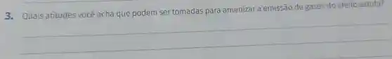 3.Quais atitudes você acha que podem ser tomadas para amenizar a emissão de gases do efeito estufa?
__